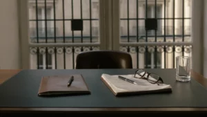 Bureau parisien d'un cabinet d'avocats en fin de journée, dossier de liquidation clos et documents signés sur la table