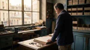 Un dirigeant seul dans son atelier au petit matin, la main posée sur un livre de comptes fermé, image du dépôt de bilan