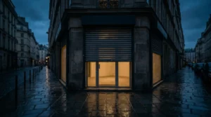 Devanture d'un commerce parisien au crépuscule, rideau à demi baissé et vitrine éclairée : le fonds de commerce donné en nantissement continue d'être exploité