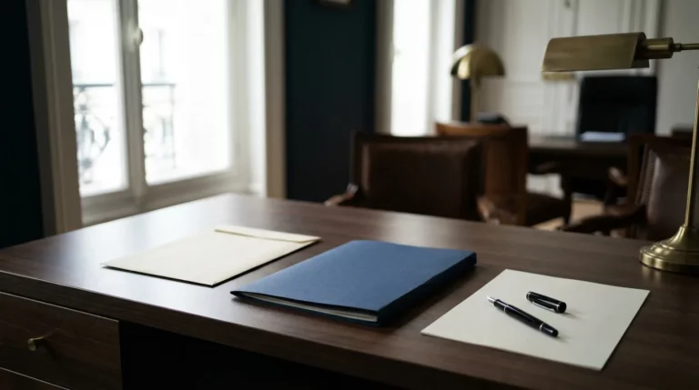 Bureau d'un cabinet parisien avec une enveloppe vierge, un dossier bleu et un stylo plume posé sur une feuille : la préparation d'une lettre de mise en demeure