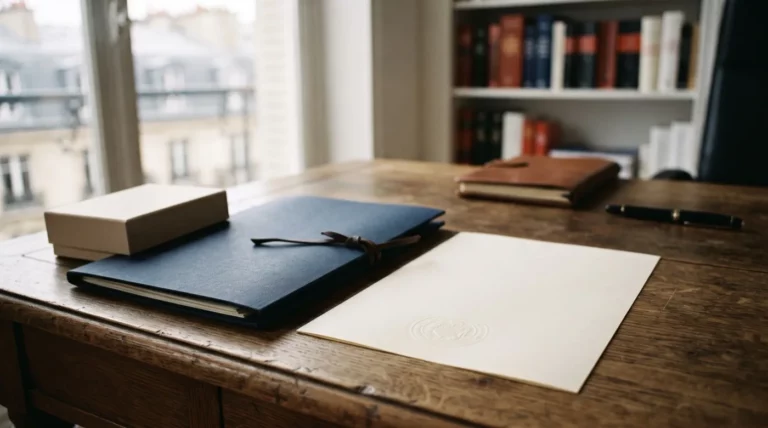 Dossier juridique et certificat d'enregistrement sur le bureau d'un avocat, illustrant la saisie de marque